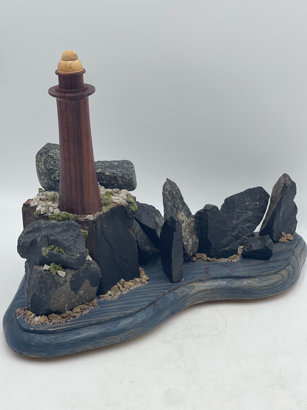 Vintage Handcrafted Wood & Stone Lighthouse Sculpture Nautical Coastal Display